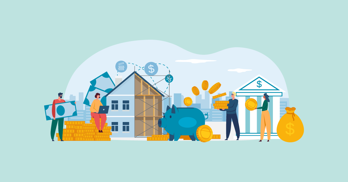 Infographic with a building and people looking into construction loans