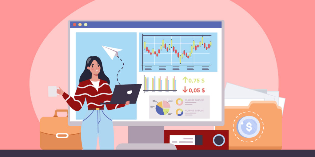 Infographic of woman on computer learning about stocks