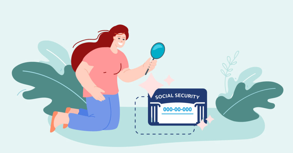 Infographic of a woman with a magnifying glass looking at a social security card