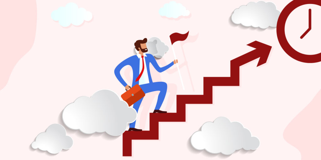 Infographic of man climbing stairs for investment gains 