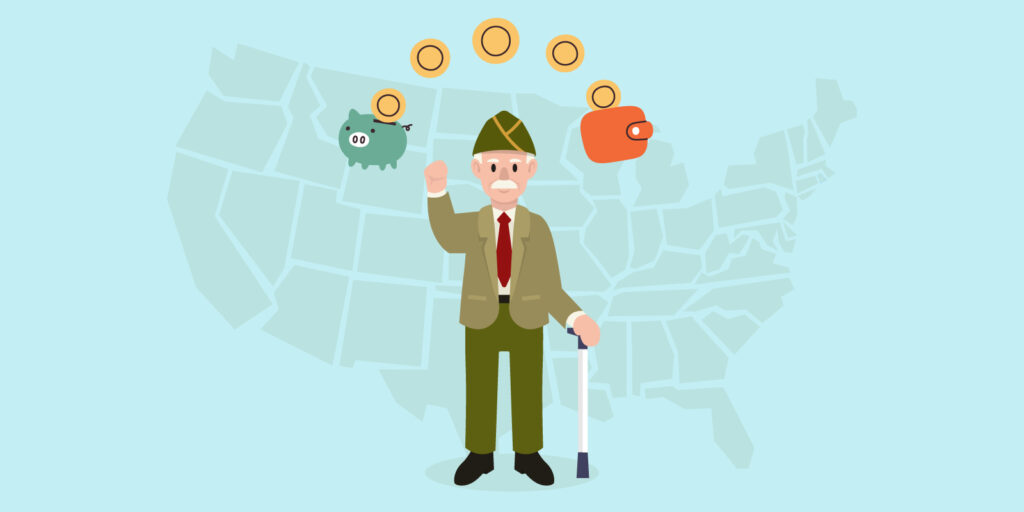 Infographic of a man in the US with a map for military retirement