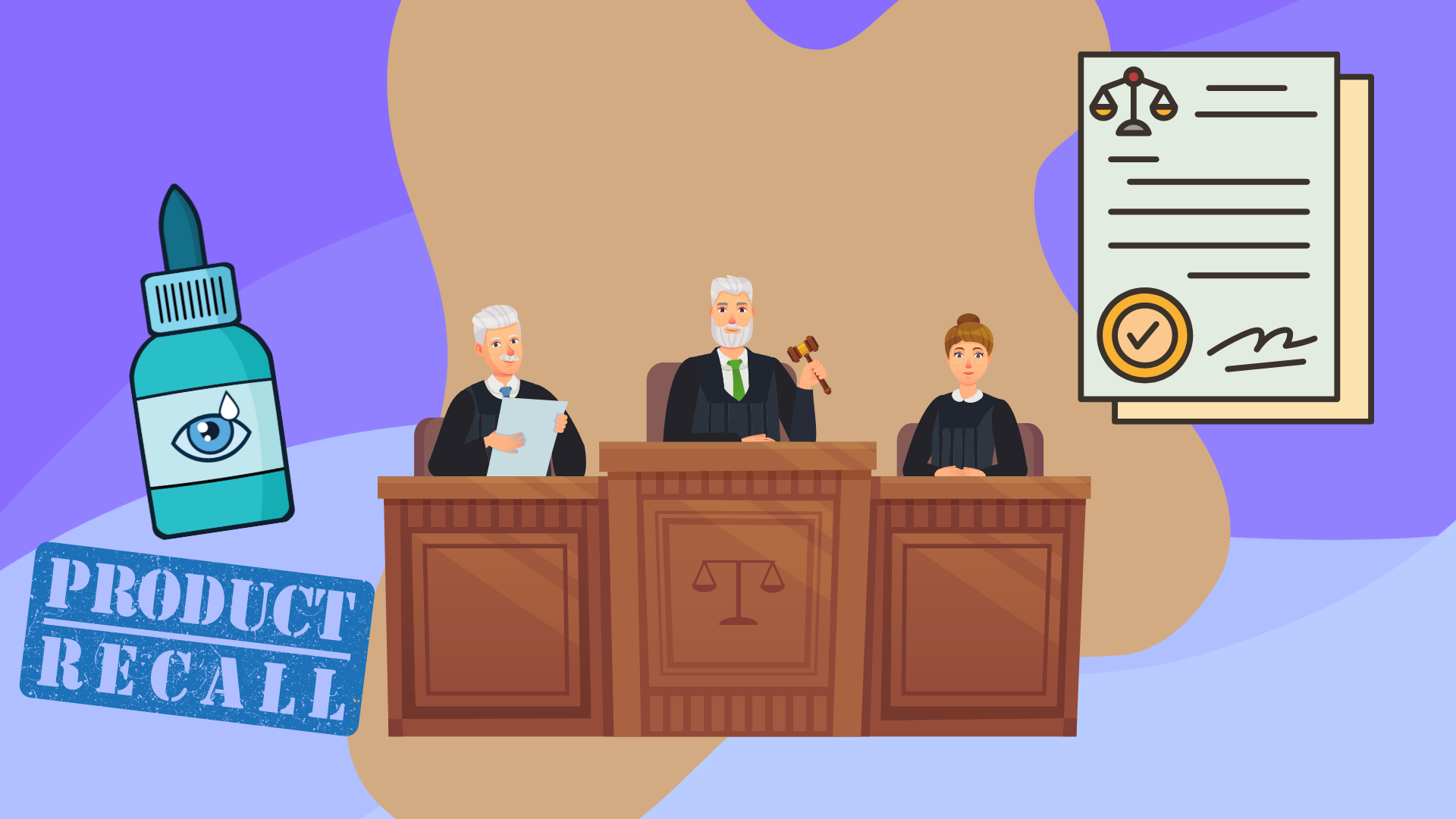 Infographic of a judge in a courtroom for the Ezricare artificial tears lawsuit
