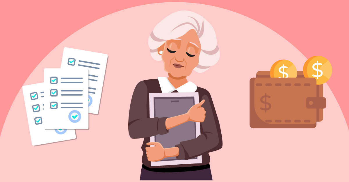 Infographic of an older woman holding paperwork for social security death benefits