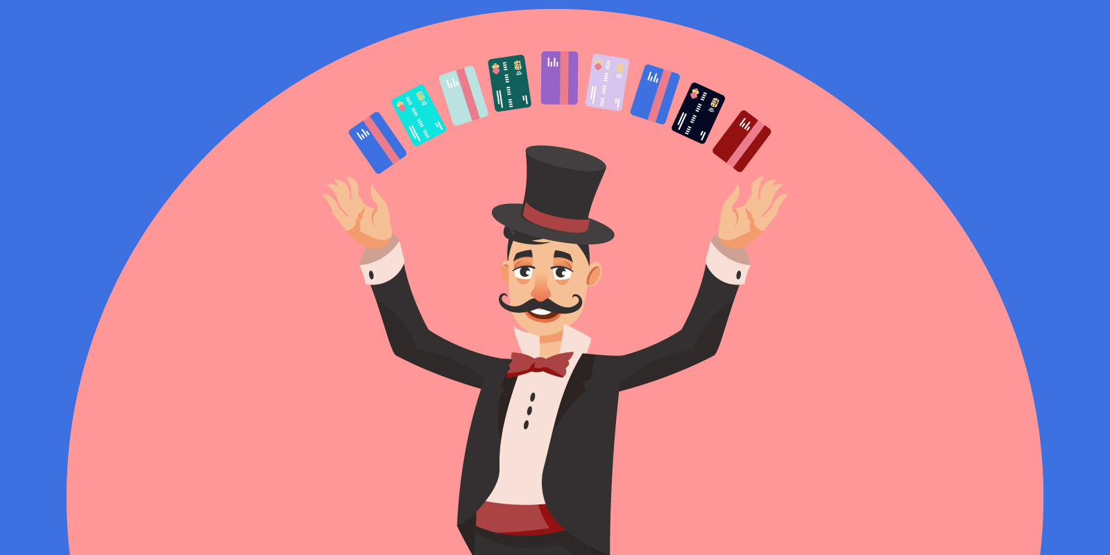 Infographic of a magician man with a fan of various credit cards
