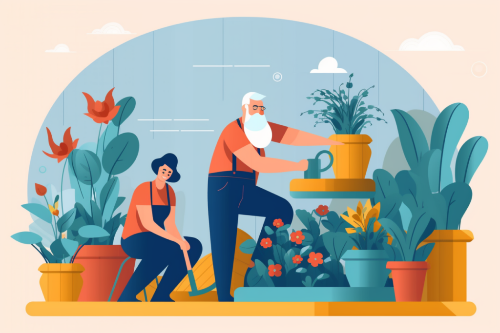Infographic of a older couple watering their garden at their house 