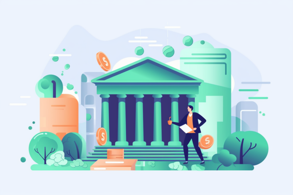 Graphic of a man standing in front of a bank looking to invest