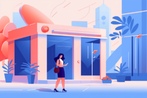 Graphic of a woman leaving a bank