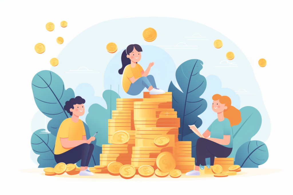 graphic of kids sitting on coins of money 