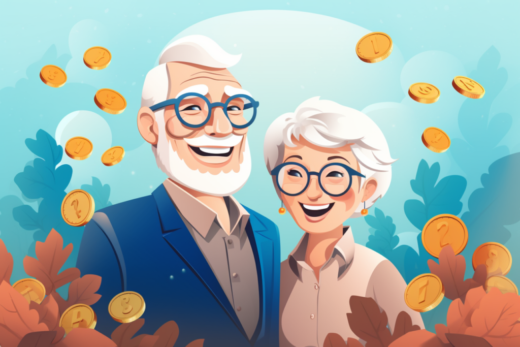 Graphic of two old people with money falling down around them 