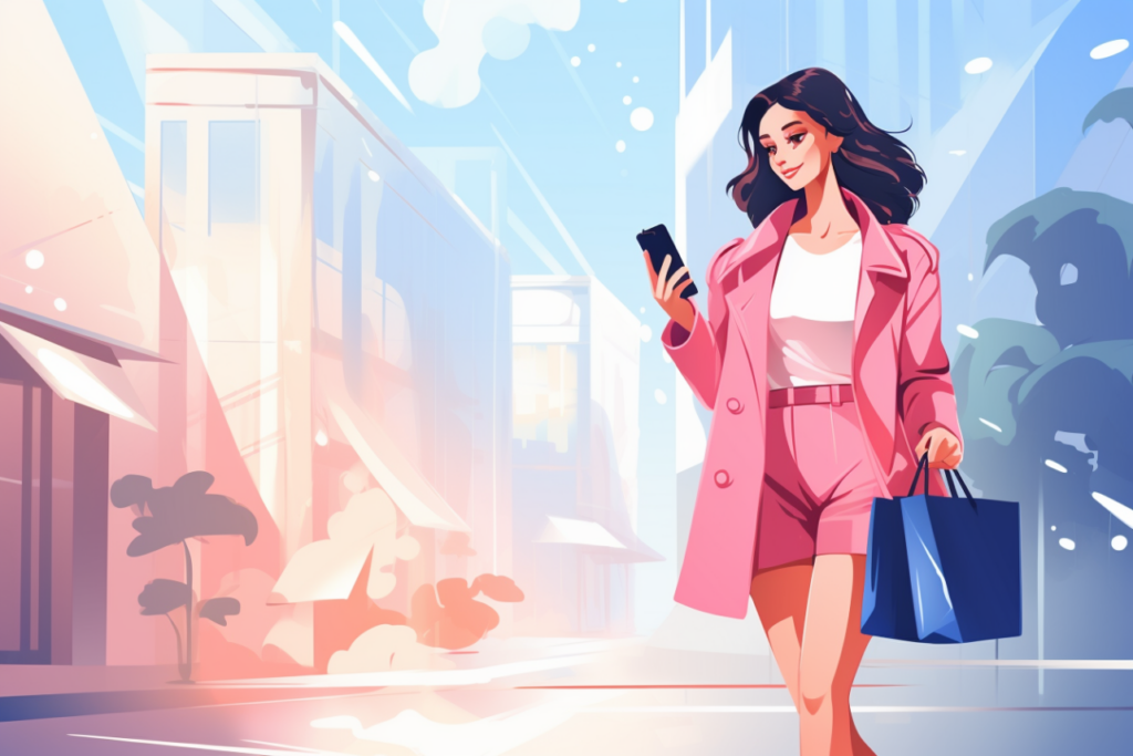 Graphic of a woman looking at her phone with a shopping bag