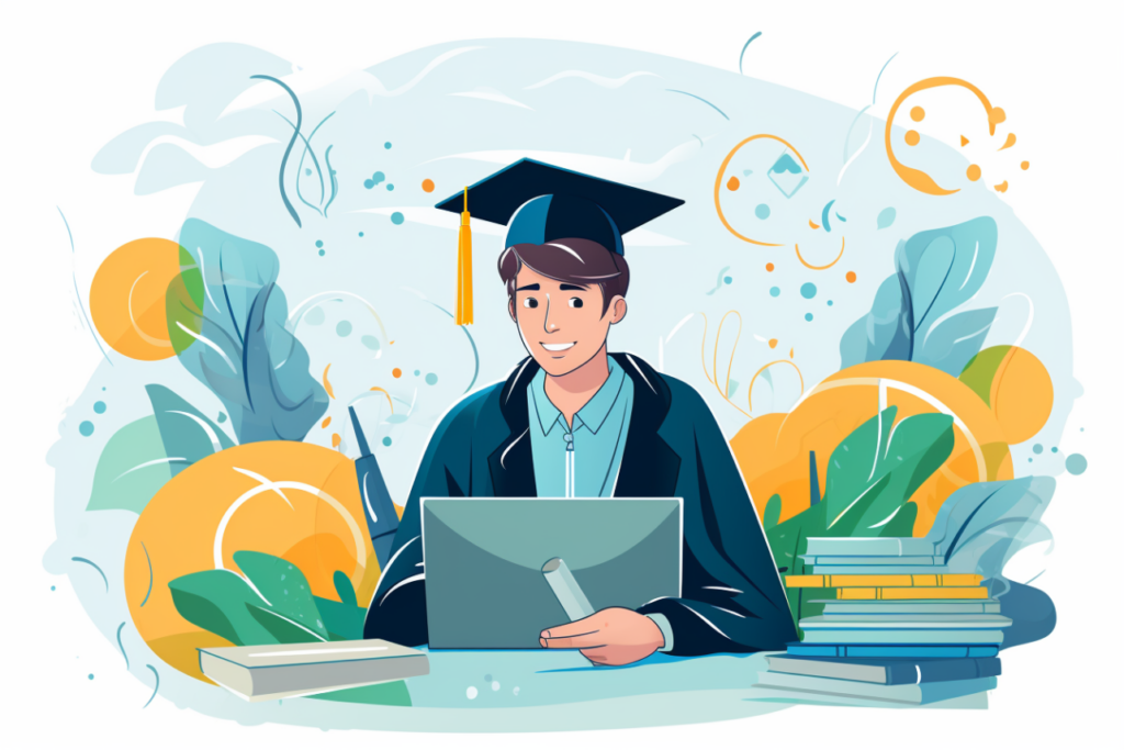 Graphic of a student in a graduation cap and gown in front of laptop