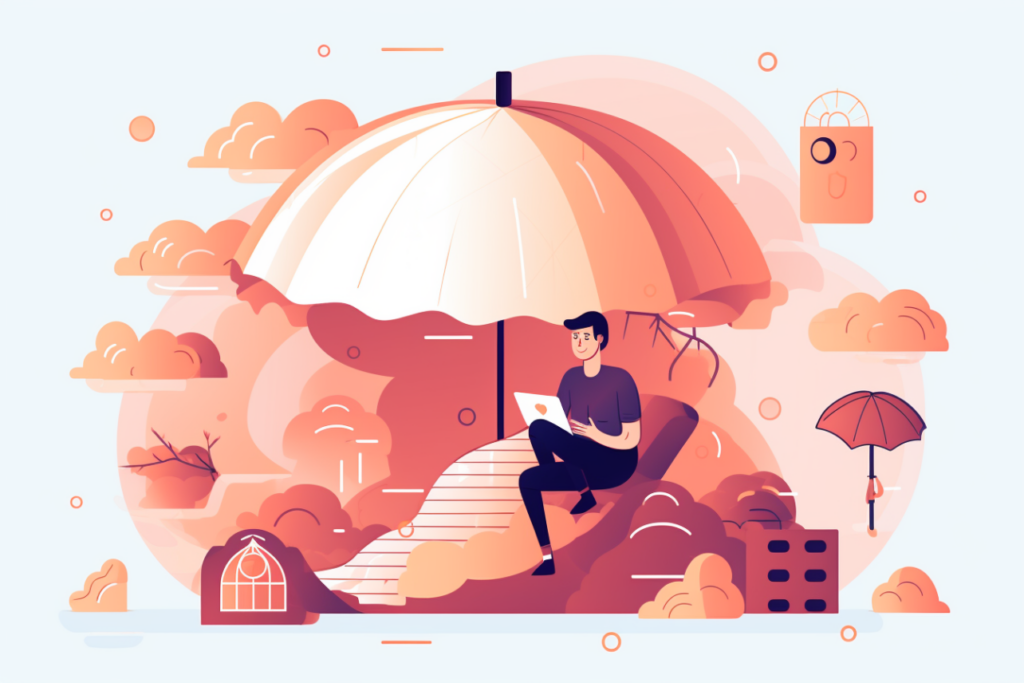 Graphic of a person sitting on a lounger chair under an umbrella