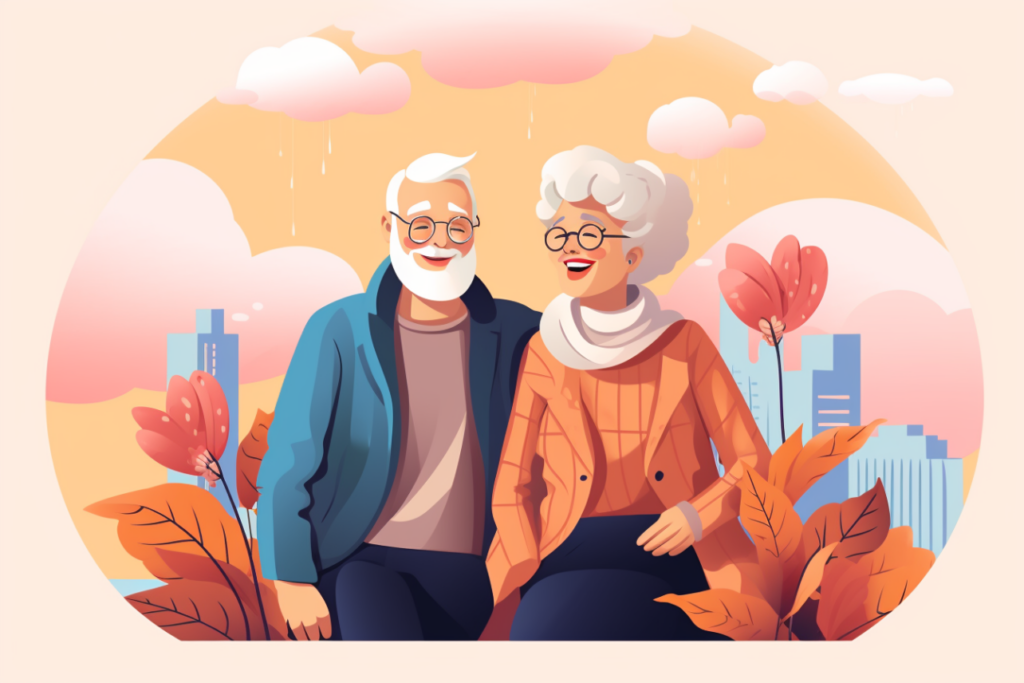 Graphic of an old couple looking at each other and smiling