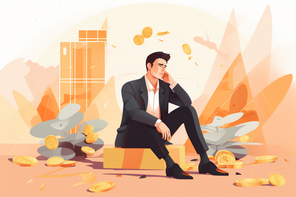 Man sitting on the ground with money around him looking upset 