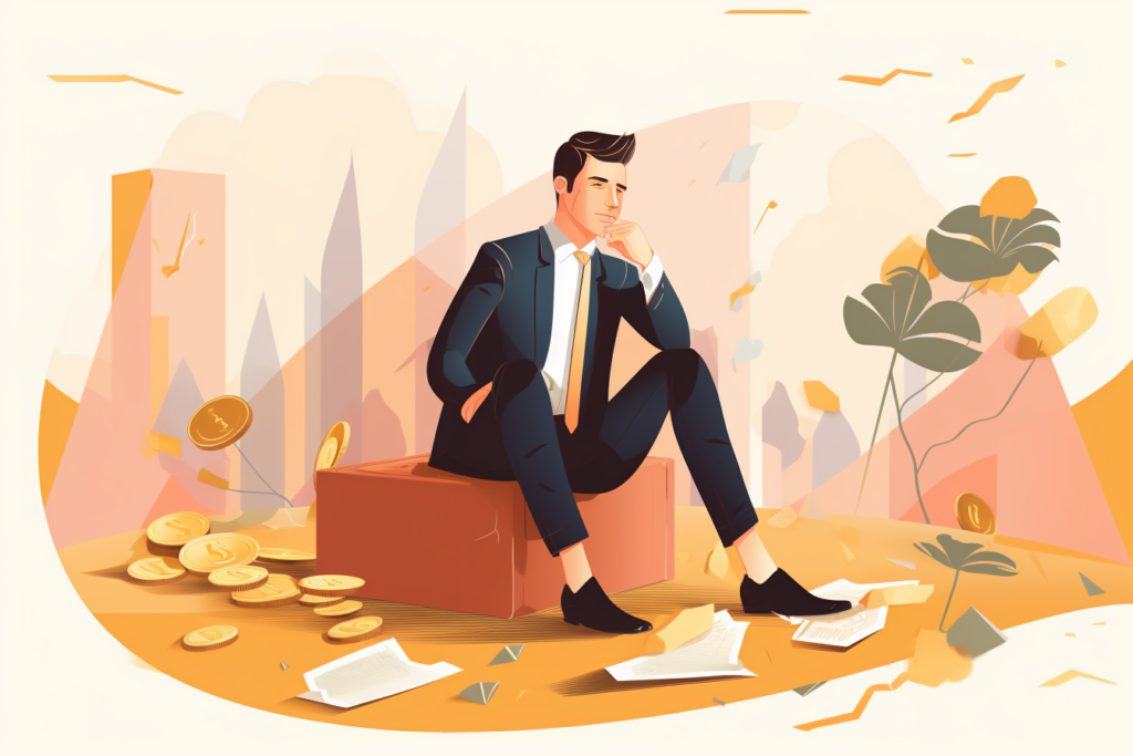 Graphic of a man sitting and looking upset with paperwork on the ground