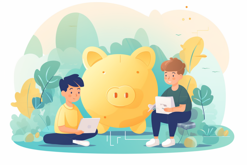 Graphic of kids sitting together with a piggy bank and a computer 