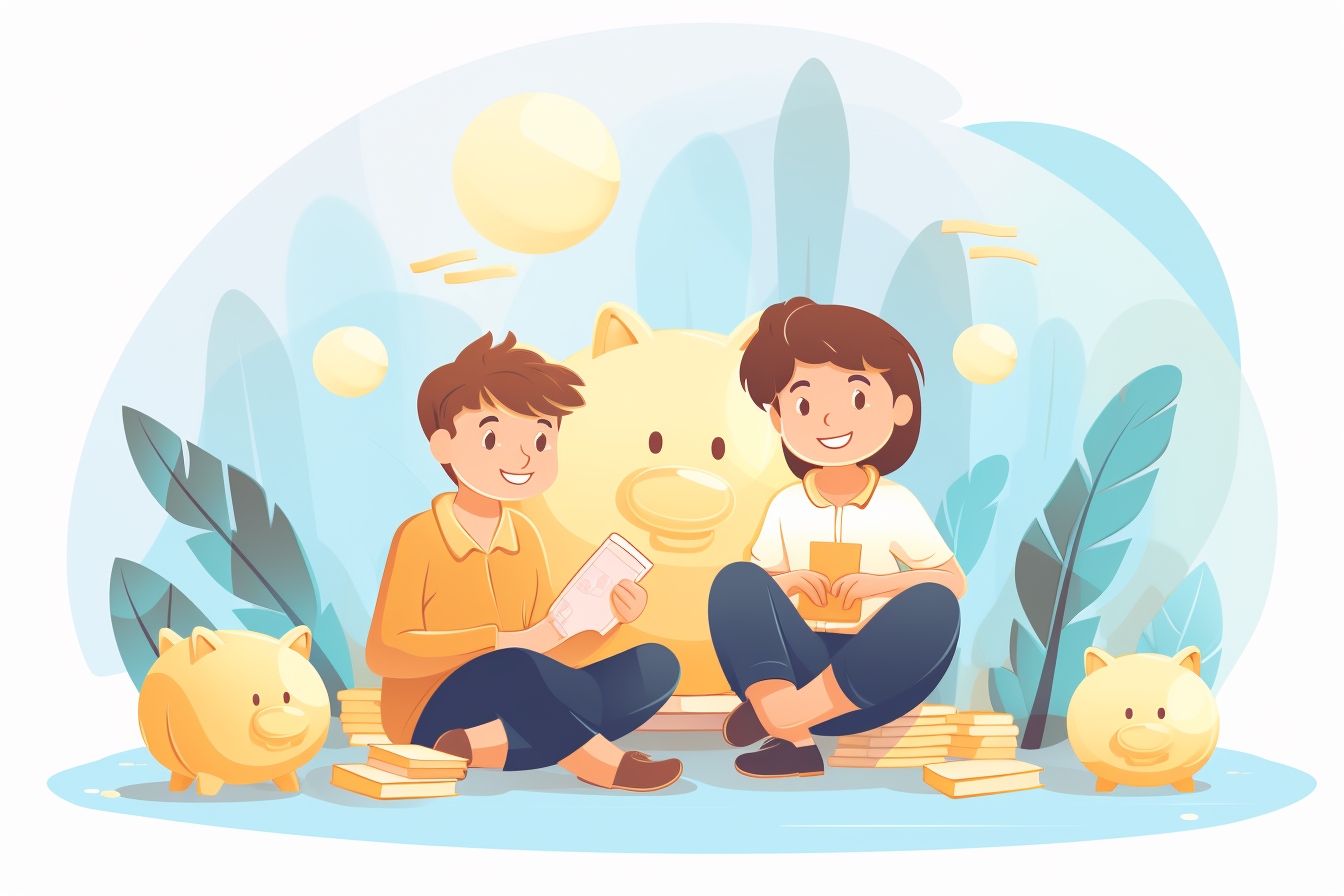 Graphic of kids sitting with a piggy bank