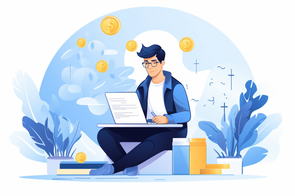 Graphic of a man on his laptop with money floating behind him 