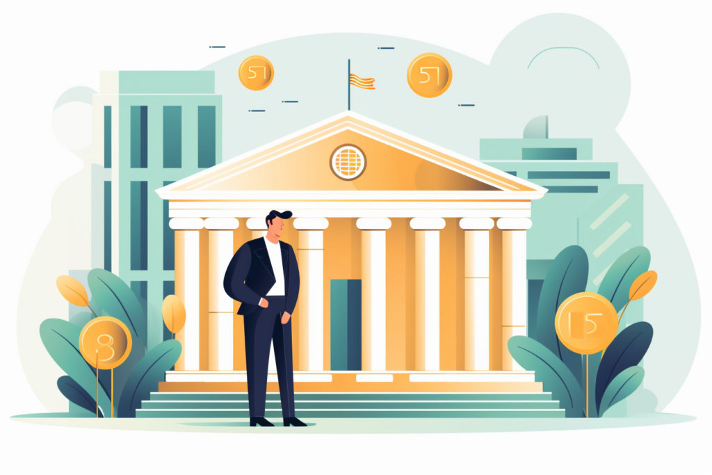 Graphic of a man standing outside of a bank