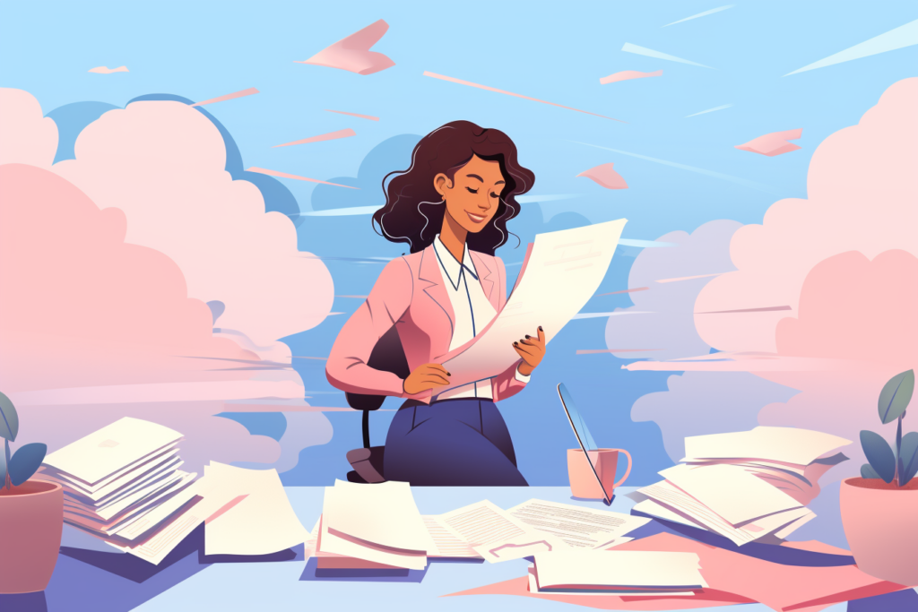 Graphic of a woman who is looking at lots of paperwork on a desk