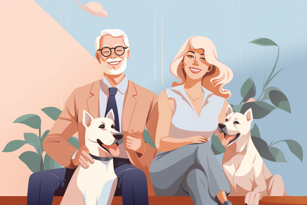 Older couple smiling and petting two dogs 