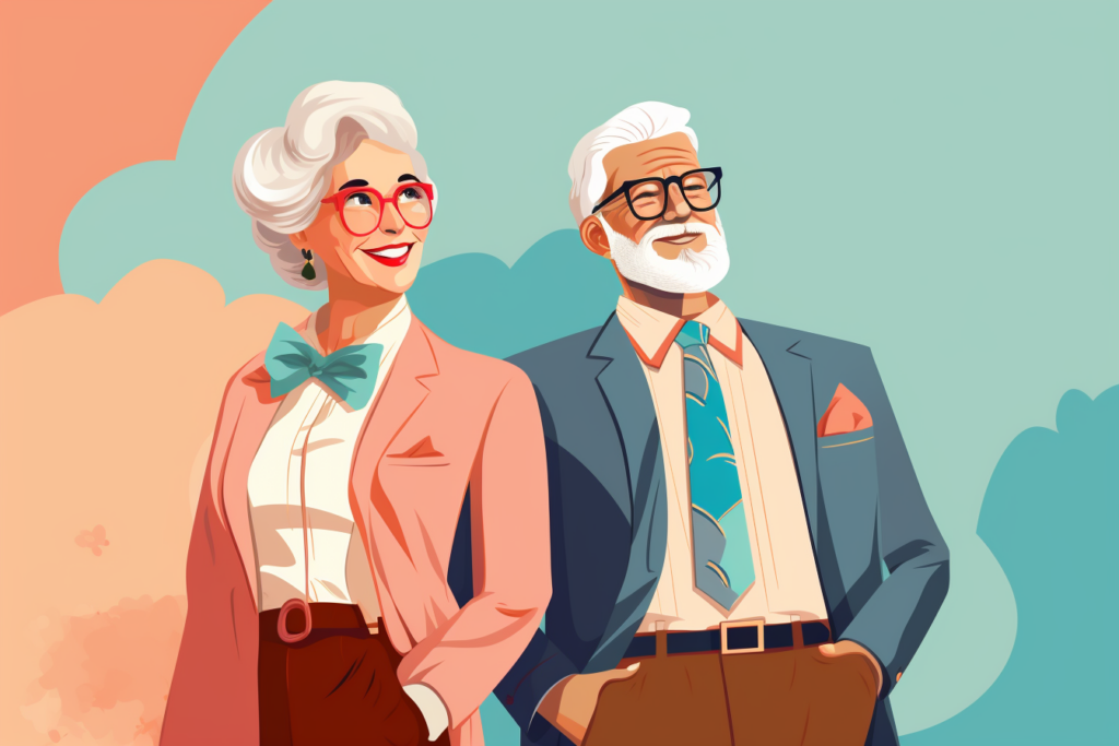 Happy elderly couple smiling and dressed in nice clothing 