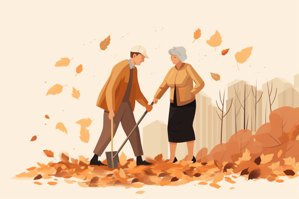 Graphic of an older couple raking leaves