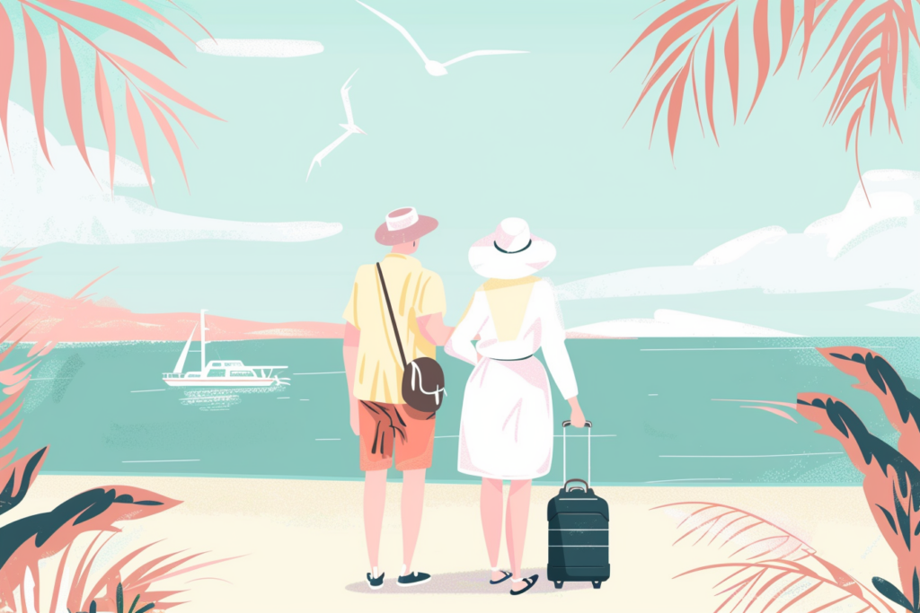 Happy couple with suitcases on the beach