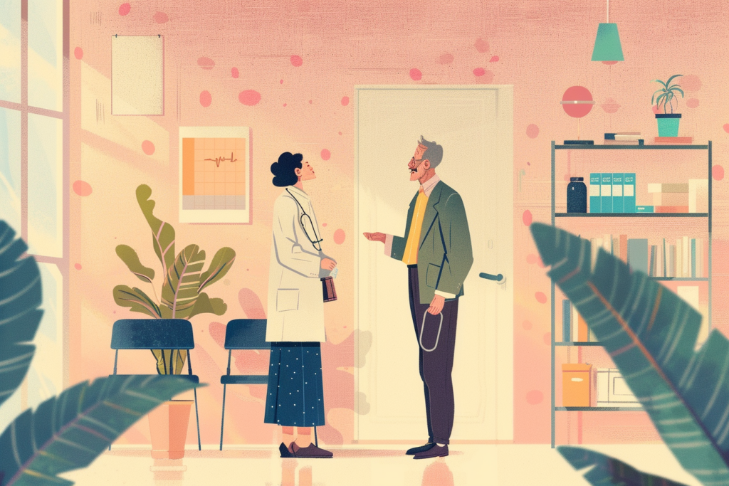 An older doctor and patient chatting at a doctors office