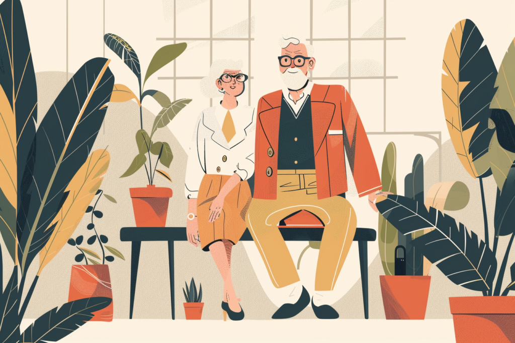 Happy older couple sitting on a table with lots of plants