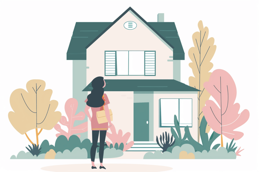 Woman looking at buying a house with trees and plants around the outside 
