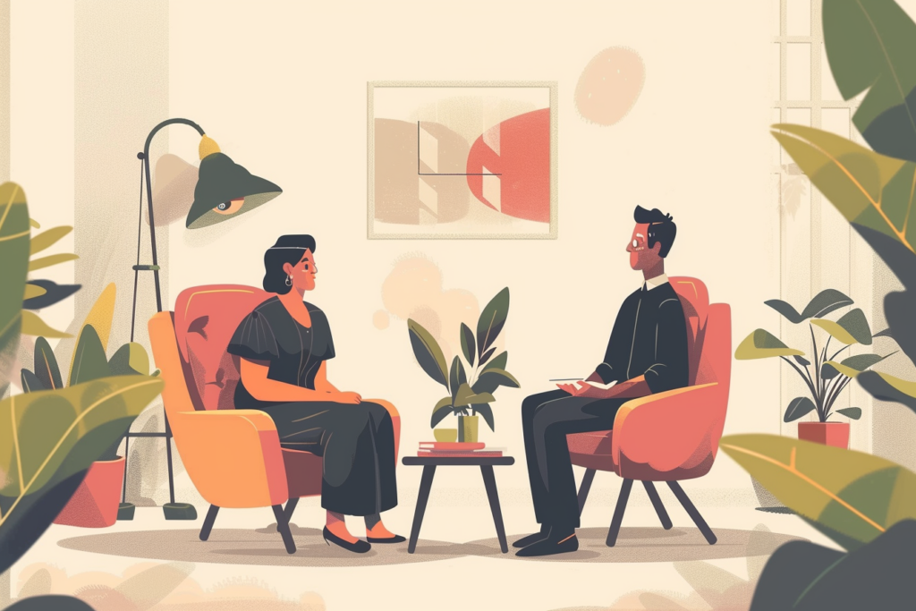 Graphic of a couple sitting in chairs and chatting