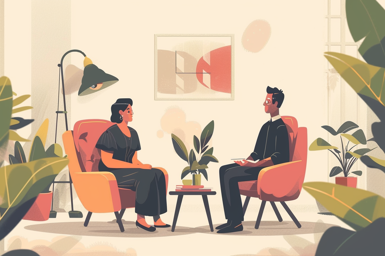 Graphic of a couple sitting in chairs and chatting