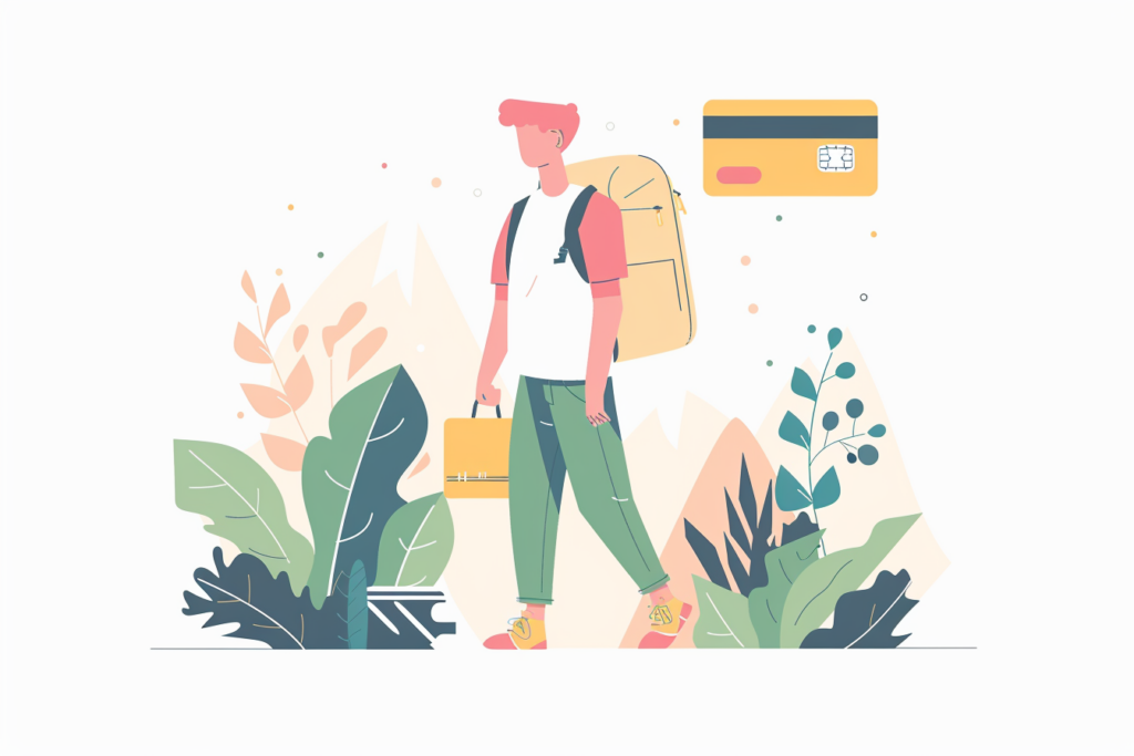 Person with a backpack traveling with a credit card