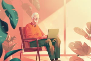 Retired man on his laptop sitting in a chair