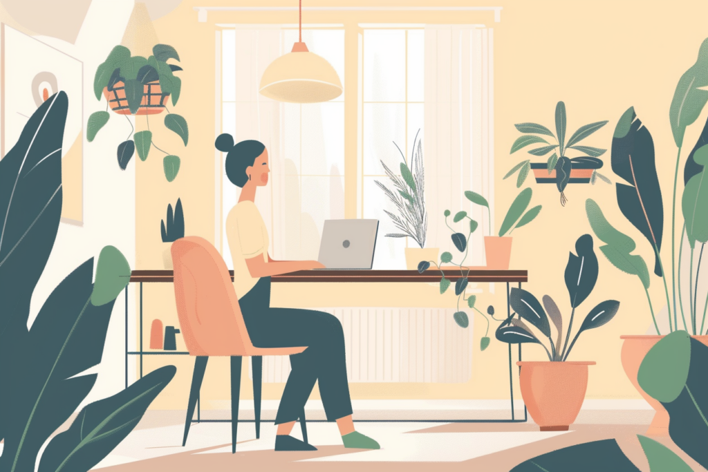 Woman on her computer with lots of plants and natural light around her