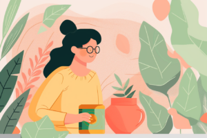 Woman sitting a table with a plant on it