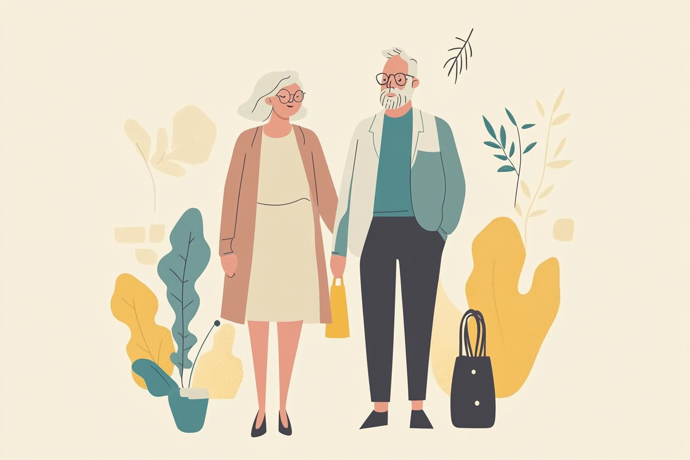 Elderly couple holding hands and walking