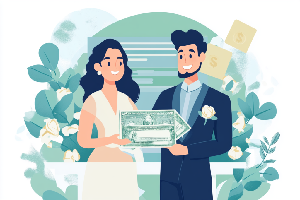 Couple getting married holding cash