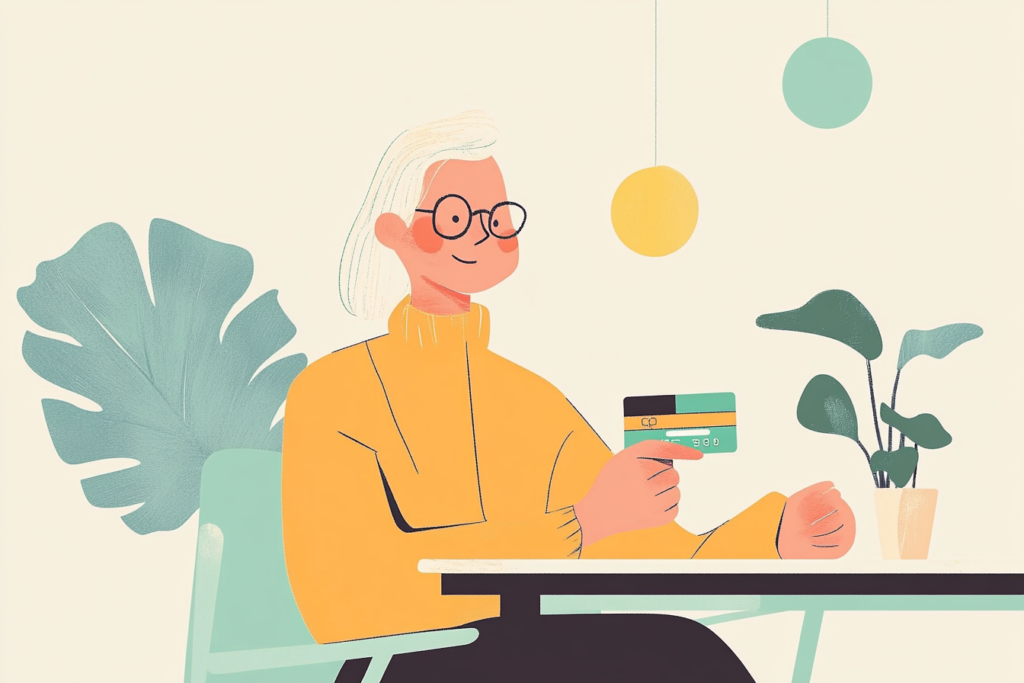 Older woman smiling and looking at her credit card