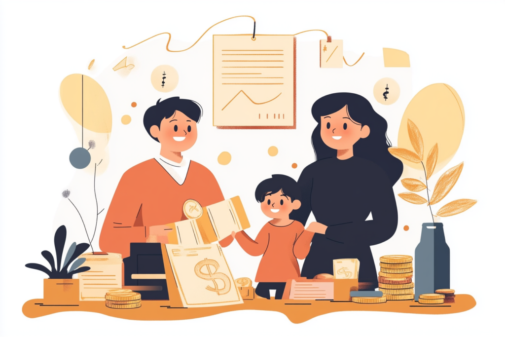 Family smiling and looking at their children with money on the table and financial paperwork 