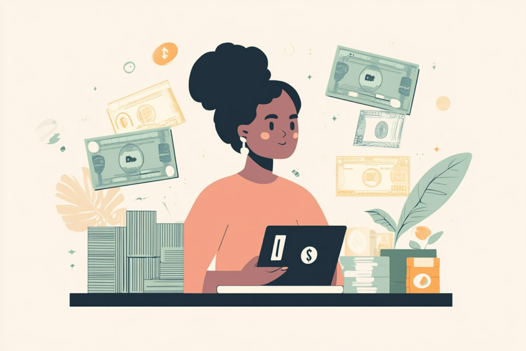 Woman with money floating behind her on her computer 