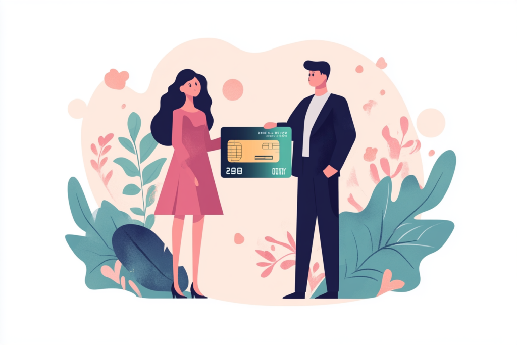 Couple holding a green credit card between them 