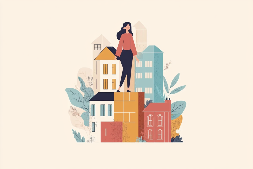 Woman standing on top of a house to simulate a home loan