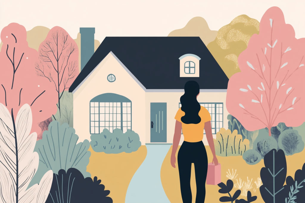 Woman looking at her house with lots of bushes in her lawn