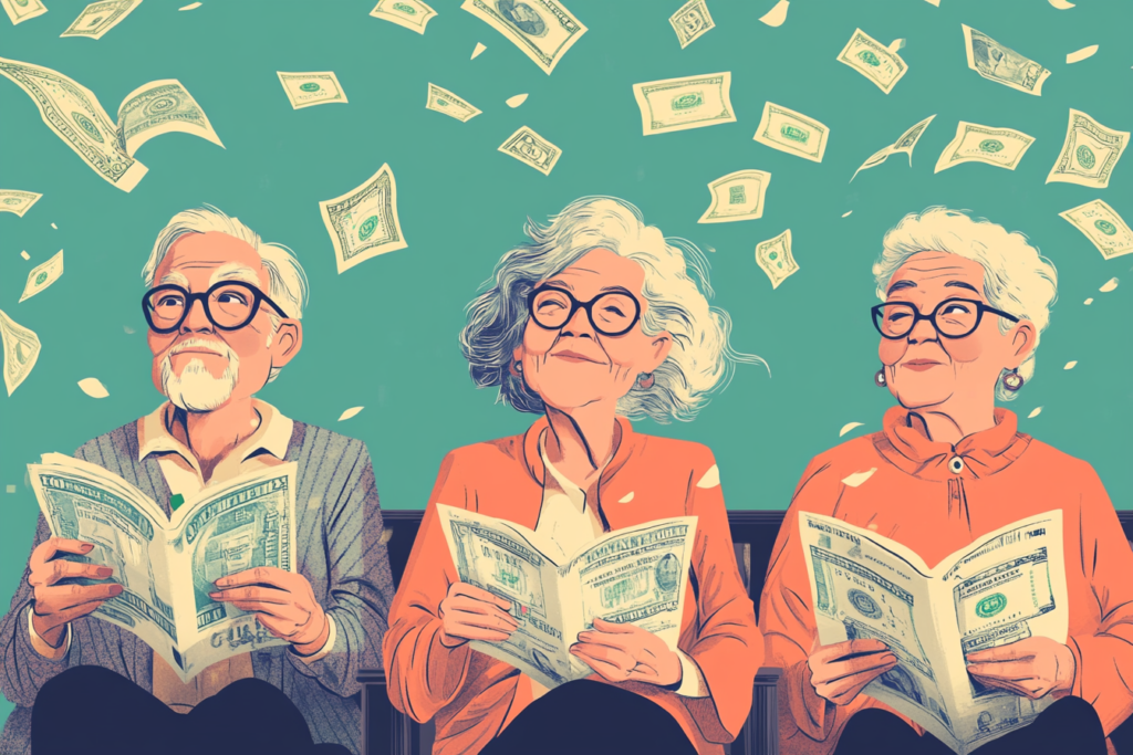 Older people with cash books and money floating in the background