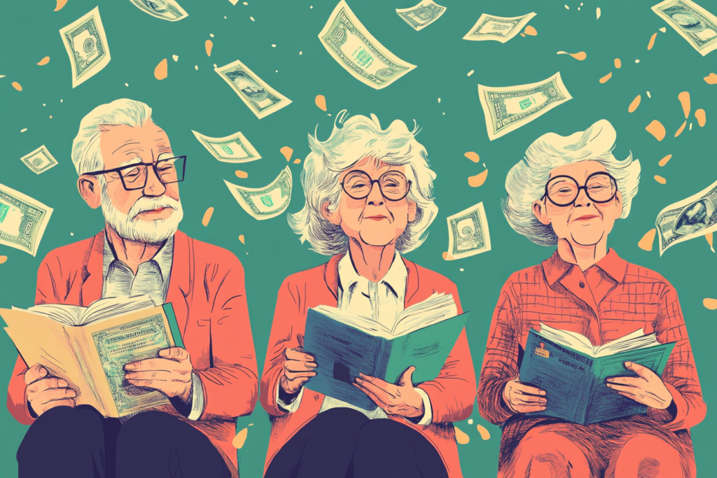 Three older people with money floating behind them in the background