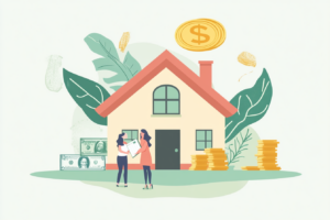 Two people shaking hands outside of a house with dollar signs over it