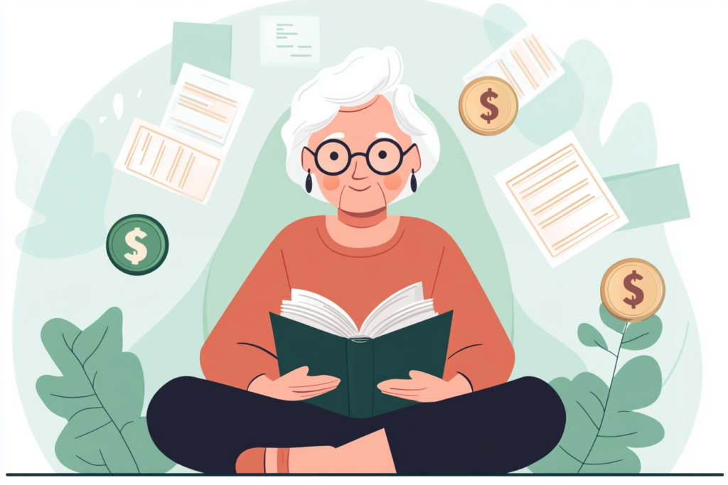 Older woman reading a book about money 