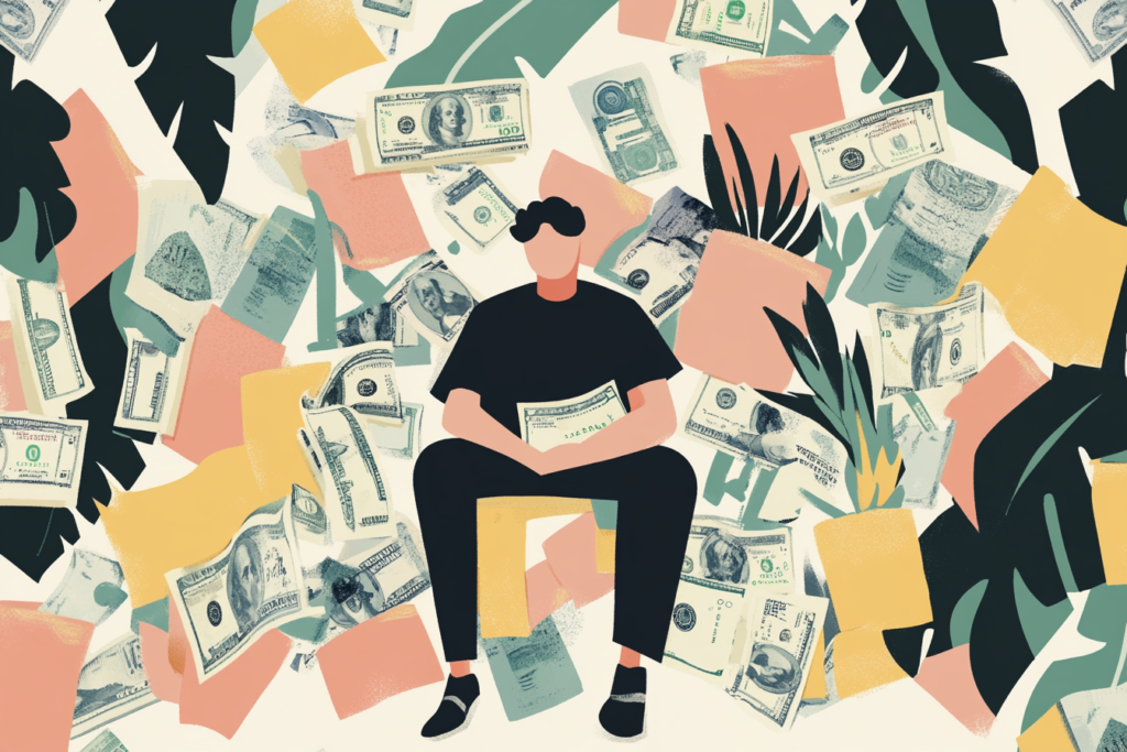 Man sitting with money all around him